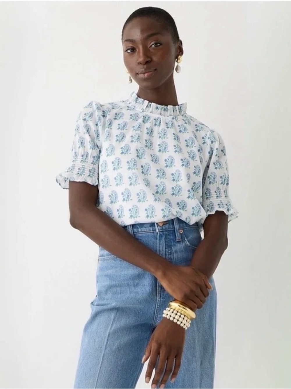 J. Crew White Blouse with Blue Floral Print and Ruffle Neck - Picture 1 of 8